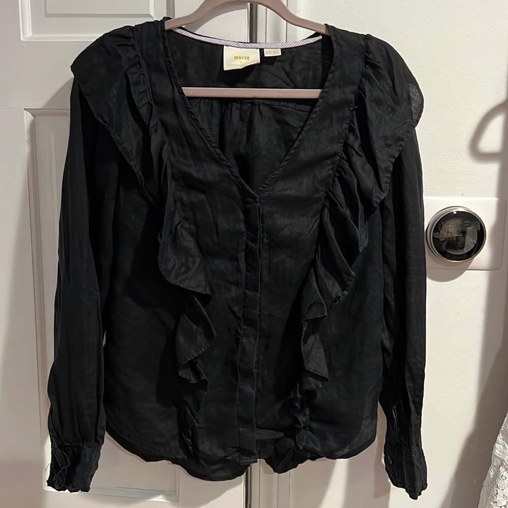Maeve Anthropologie Adrienne 100% Linen Black Ruffle Button Front Blouse